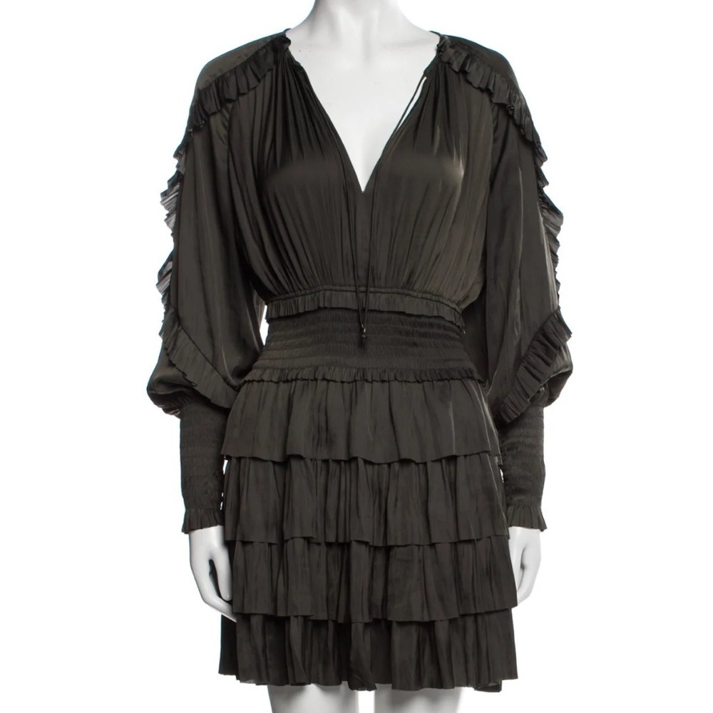 Ulla Johnson New Dress dark green olive tiered ruffled long sleeve cocktail sz 2